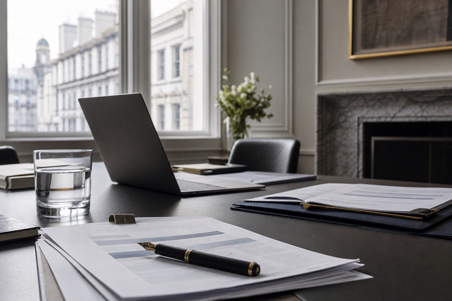 Policy papers and advisory materials on a London meeting table